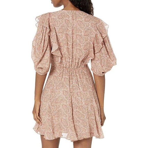 NEW THE KOOPLES Mini Silk Dress Paisley Lurex V-Neck Puff Sleeve Wrap Size 4 XL - Picture 2 of 12